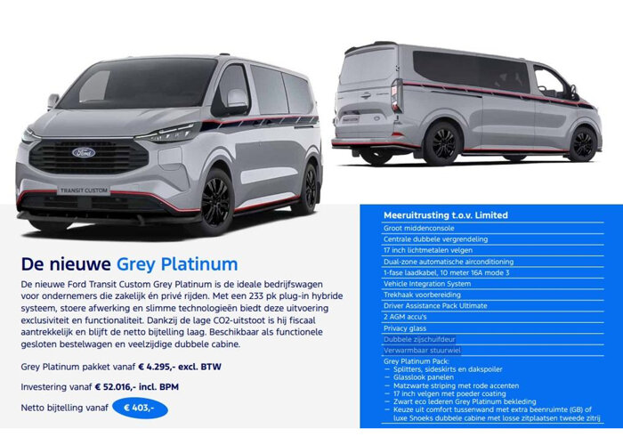 Ford Transit Custom 320 2.5 PHEV L2H1 Grey Platinum Gesloten Bestel